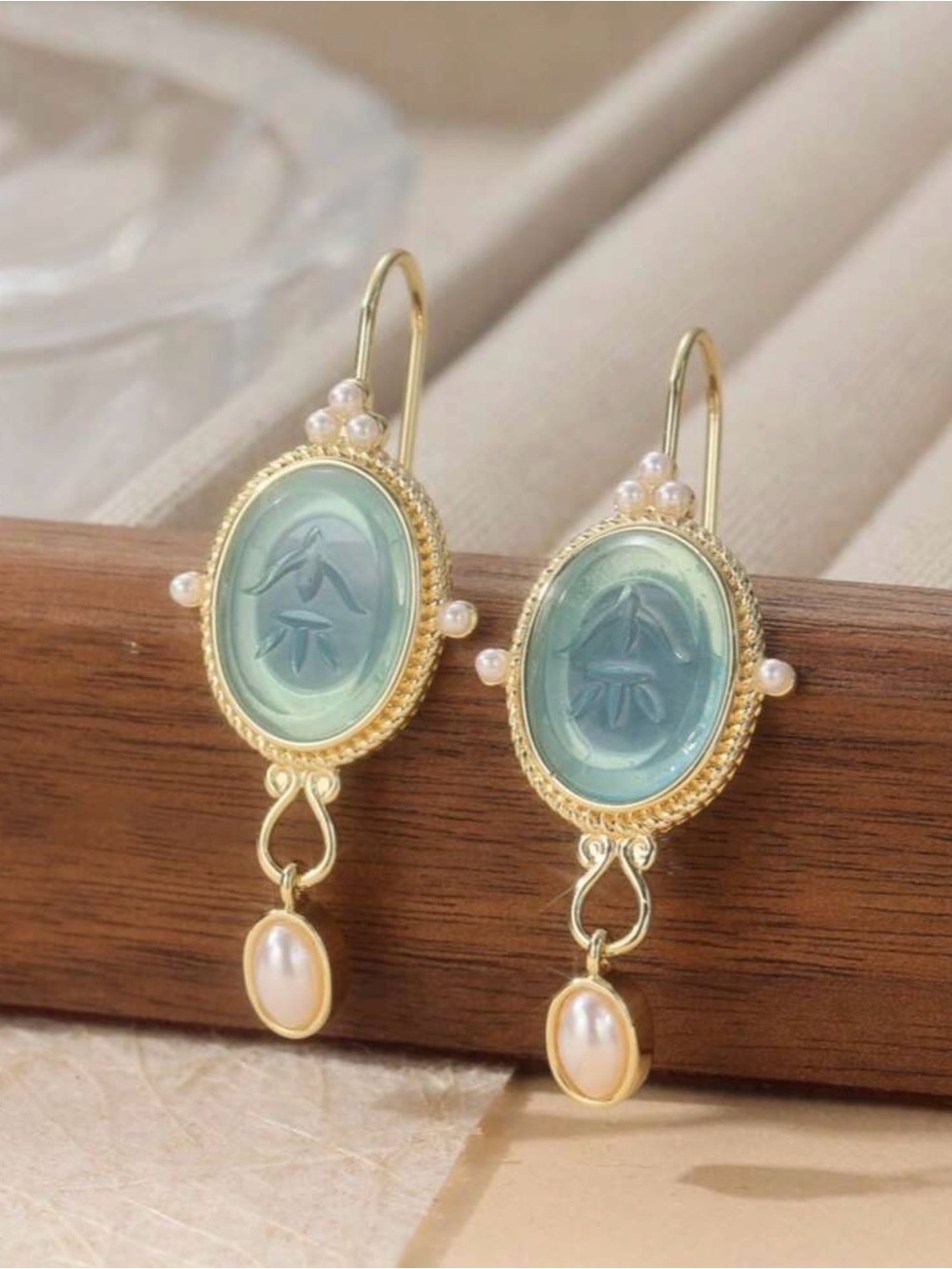 Gold-Plated Aqua Cameo Drop Earrings with Pearls